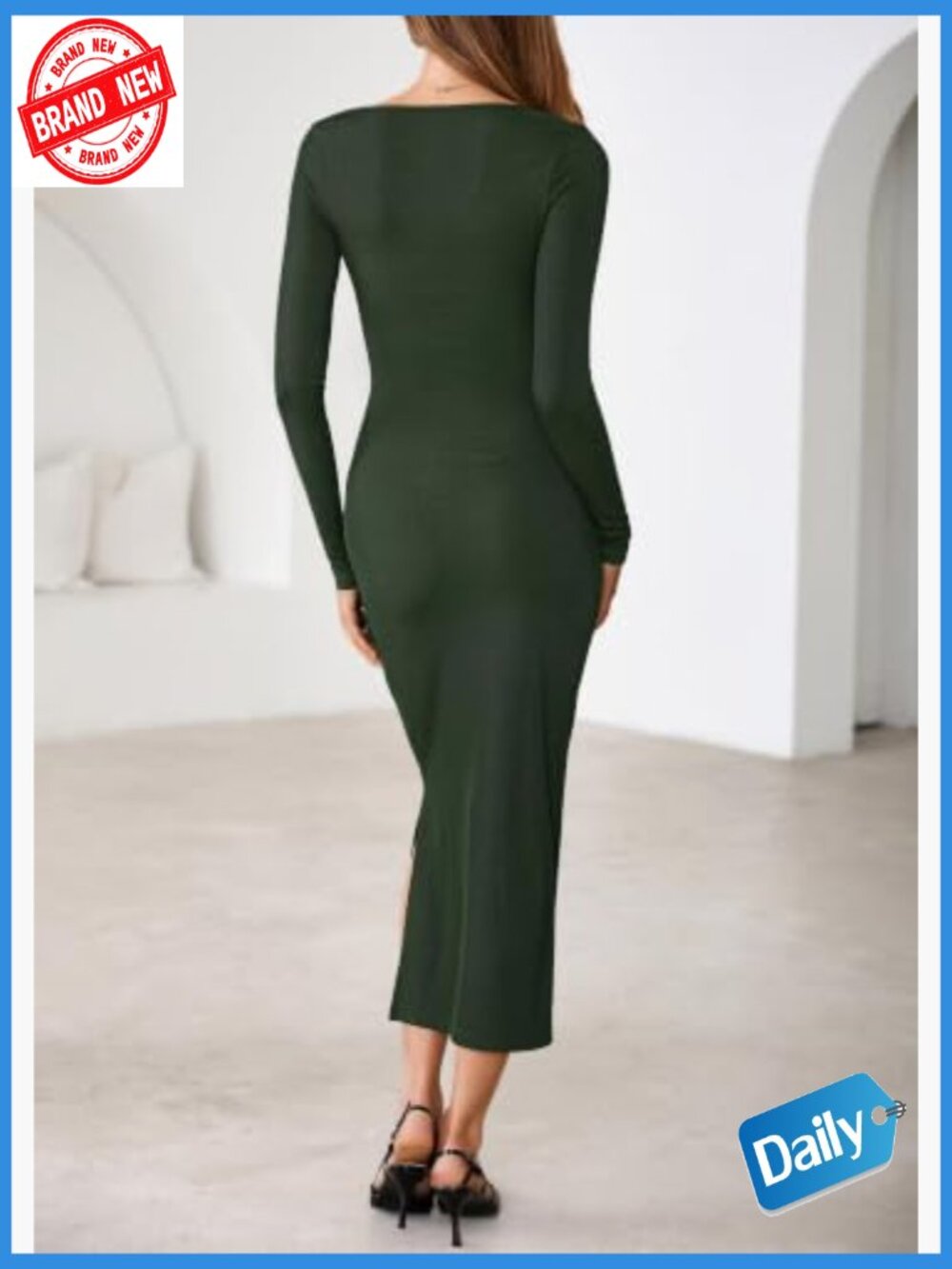 Long Sleeve Bodycon Maxi Dress Crew Neck Button Down Side Slit Knit - Picture 2 of 7